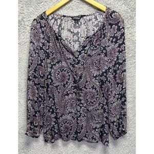 Lucky Brand M Boho Peasant Top Blue Purple Long‎ Sleeve Paisley Pop Over V Neck